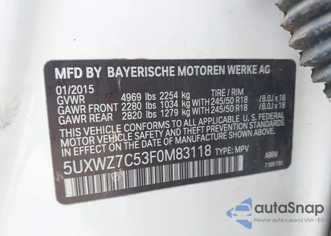 2015 BMW X3 Sdrive28I из США, поврежденный, VIN 5UXWZ7C53F0M83118